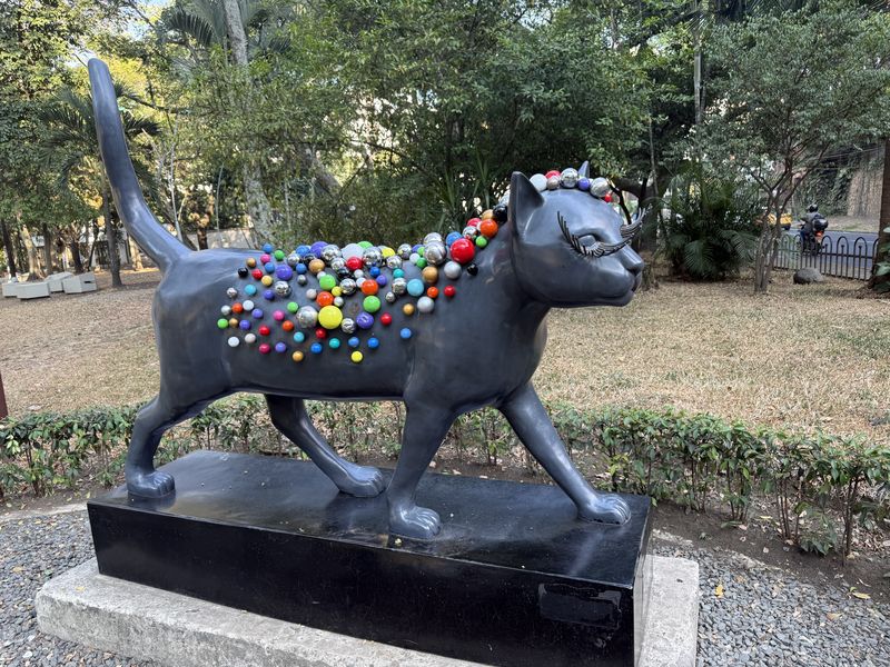 One of the artist-decorated cats in Parque de los Gatos