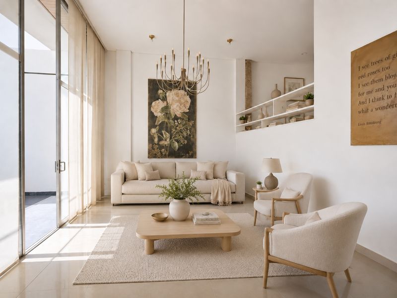 Sala principal con doble altura y puertas corredizas al patio